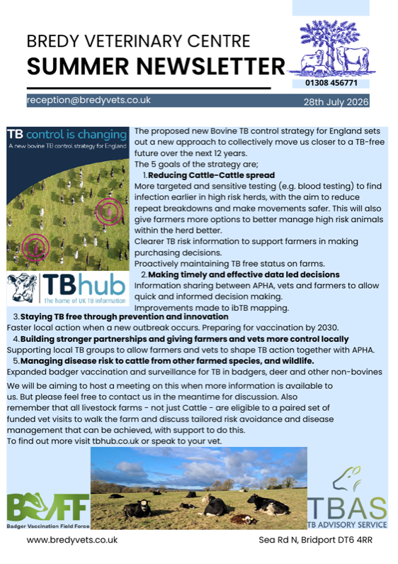 Bredy Vets Summer 2026 Farm Newsletter page 1: Bovine TB control strategy for England